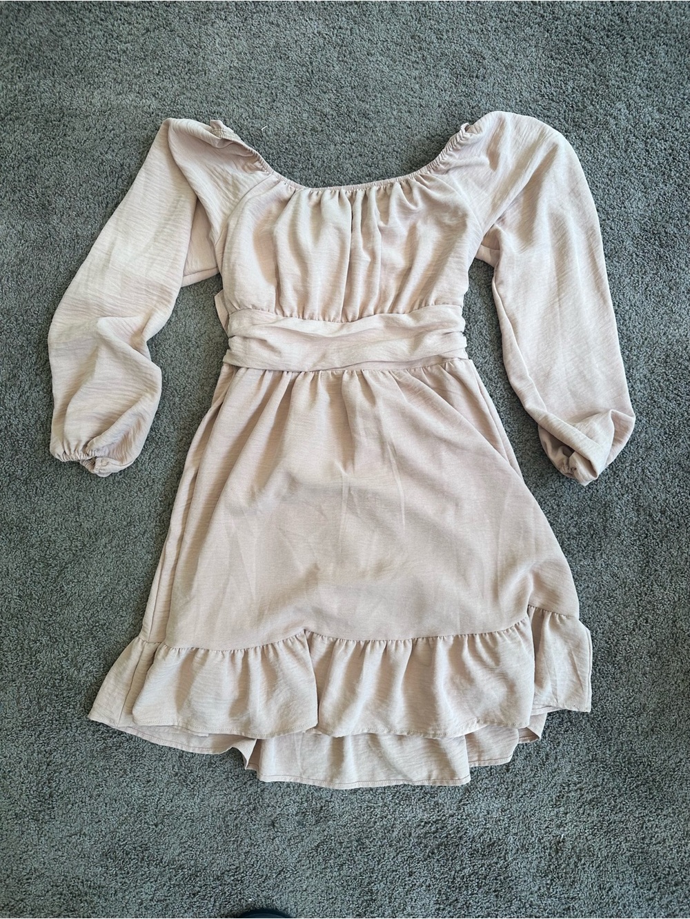 Dokotoo Smocked Empire Waist Long Sleeve open back Mini Dress — Tan - Picture 3 of 8